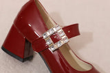 KYLETHOMASW  -  Plus Size 48 Women Patent Leather Mary Jane Shoes Sparkly Crystal Rhinestone Burgundy White Block Heel Pumps Party Shoe