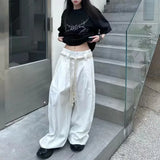 Kylethomasw American Retro Pleated Draping Casual White Pants Women Autumn New Streetwear Loose All-match Wide Leg Pants with Belt
