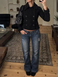 KYLETHOMASW  -  Women's black double-breasted short windbreaker wide collar and long sleeves short jacket casual wear Y2K punk gothic aesthetic