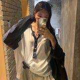 KYLETHOMASW  -  Korean Autumn Versatile Loose Pullover Top Niche Fashion Contrasting Long Sleeved Knitted Top Casual Button Decoration Loose Top