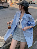 KYLETHOMASW  -  Casual Printed Chic Blue Shirts Women Autumn 2024 Daily Mujer New Loose High Street Full Sleeve Office Lady Coats