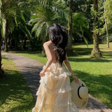 KYLETHOMASW  -  Sexy Backless Elegant Evening Party Birthday Dress Women Summer V-neck Halter Sleeveless Beach Vacation Fairy Cake Long Dresses