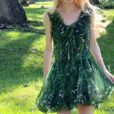 KYLETHOMASW  -  French V-neck Floral Dress for Women's Summer Slim Fit Sleeveless Mesh A-line Short Dress Fashion Female Clothes