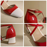 KYLETHOMASW  -  Ladies Pumps 2025 Sweet Toe 4.5cm Heels Patent Leather Buckle Big Size Date Summer Red C2234