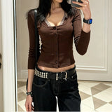 KYLETHOMASW  -  y2k sexy lace patchwork fake two piece o neck long sleeve single breasted knitted slim tops