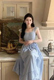 KYLETHOMASW  -  Slim Blue White Checkered Waistband Flying Sleeves Elegant Dress Women Summer New Long Checkered Vestidos