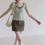 KYLETHOMASW  -  Women's 2-in-1 Lace-up Square Neck T-shirt Slim Fit Knit Short Sleeve Top