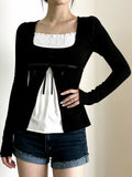 KYLETHOMASW  -  French Sweet Patchwork Contrast Color Fake Two Piece Slim Square Collar Long Sleeve Slim T-Shirts