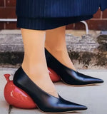 KYLETHOMASW  -  Women's Black Leather Pointed Toe Pumps with Red Apple-Shaped Sculptural Heel Novelty Chunky Block Heel Slip-On Shoes Artistic