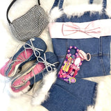 Kylethomasw Denim Chunky Heel Bow Mary Jane Sandals Buckle Metal Decoration Square Toe Lace Up Pumps Shallow Wrinkled Woolen Women Shoes