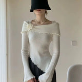 KYLETHOMASW  -  Sweet Hot Girl Three-dimensional Flower Knitted Sweater for Women's Autumn Off Shoulder Slim Fit Base Sweater Female Clothes