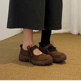 KYLETHOMASW  -  Matte Leather Mary Jane Sports Casual Shoes Women Thick Bottom Strap Brown Simple Laced Low Cut Single Shoes Leisure Footwear