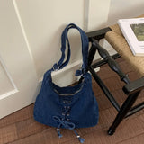KYLETHOMASW  -  Denim Cloth Bag for Women New Fashionable Lace Up Large Capacity Crossbody Niche Single Shoulder Commuting Bags
