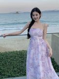 KYLETHOMASW  -  Women Summer Floral Print Sexy Off Shoulder Backless Elegant Party Dresses High Waist Lace-up Sleeveless Slim Beach Maxi Dress