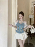 KYLETHOMASW  -  New Heavy-industrial Denim Design Three-dimensional Embroidered Sweet Suspender Slim Top