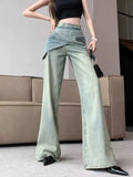 Kylethomasw Vintage Light Blue Jeans Women Irregular Belt Cowboy Denim Straight Wide Leg Pants Female 90s Do Old Aesthetics Trousers