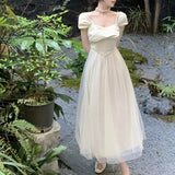KYLETHOMASW  -  Women Vintage Sweet Mesh Patchwork Elegant Party Dresses Summer Solid Square Collar Short Sleeve Slim Fairy Midi Dress Vestidos