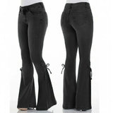 KYLETHOMASW  -  Designer Women's Flared Jeans Pants Bow Lace Up Y2k Jeans for Woman Pockets Pants Skin Tight Pant Streetwear Denim Trousers