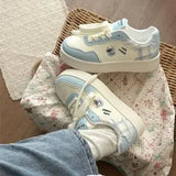 KYLETHOMASW  -  Cute Women Pink‑White Platform Sneakers Bear Embroidery Lace‑Up Round Toe Thick‑Sole Sweet Style Casual Daily Board Shoes