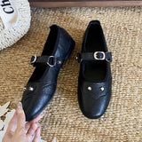 KYLETHOMASW  -  Fashion Rivet Decoration Mary Jane Shoes Retro Square Toe Comfort Soft Sole Ballet Flats Women Belt Buckle Shallow Designer Shoe
