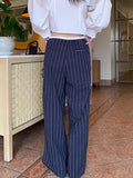 KYLETHOMASW  -  Mushroom Waist Splicing Lace Striped Casual 2025 Spring Women Simple Niche Design Sense New High Waist Wide Leg Pants