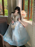 KYLETHOMASW  -  Sweet Lolita Princess Puff Sleeve Lace Ruffle Bow Corset Sky Blue Ombre Long Dress Women Girls Beach Vacation Party Daily Wear
