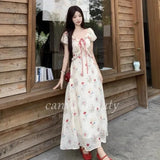 KYLETHOMASW  -  Women's Floral Print Chiffon Maxi Dress Puff Sleeve Square Neck Ruffle Trim Tie Front Long Dress for Summer
