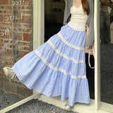 Kylethomasw   -  Korean Contrast Color Patchwork Loose Mid-length Skirt Women 2024 Summer New High Waist All Match Casual Plaid A-line Skirt