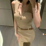 KYLETHOMASW  -  Sexy Sleeveless Sheath Knitted Dress Summer Fashion Zipper Streetwear Robe Office Lady Solid Color Midi Dresses With Belt 142A