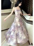 KYLETHOMASW  -  Vacation Style Purple Lace Trim Halter Dress Women Summer Irregular Beach Beautiful Atmosphere Long Skirt Soft Medium Printed