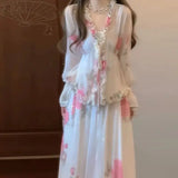 KYLETHOMASW  -  Elegant Floral Print Skirt Set Spring Ruffle V-Neck Lace-up Blouse+A-Line Midi Skirt Women Casual Holiday Two Piece Outfit 273A