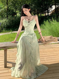 KYLETHOMASW  -  Green Ruffles Sleeveless Bodycon V-neck Summer Holiday Vacation Long Dresses Elegant Printed Party Dress Women Vestidos