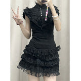 KYLETHOMASW  -  Goth 2Piece Set Y2k Slim Lace Sweet Womens Dresses Short Sleeve Button Party Dress Harajuku 90s Emo Grunge Summer Lolita Suit