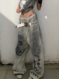 KYLETHOMASW  -  American Plus Size Graffiti Jeans Women Y2K Hot Girl Style Music Note Print Distressed Washed Blade Cut Streetwear Pants Trendy