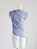 KYLETHOMASW  -  French Blue Striped Drawstring Strap Shirt for Women Summer Outfit Sweet GirlI Irregular Slim Fit Sleeveless Blouses Women Tops