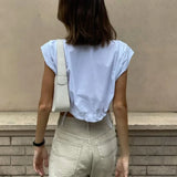 Kylethomasw  -  White Single Breasted Lapel Tops Sumemr Casual Crop Tops Patchwork Short Sleeve Bottoming Skinny Batwing Sleeve Backless Tees