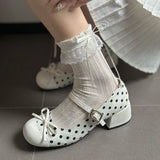KYLETHOMASW  -  Cute Polka Dot Thick Heel Women Mary Jane Shoes Designer Buckle Strap Pumps Ladies Eelgant Butterfly-knot Dress Single Shoes