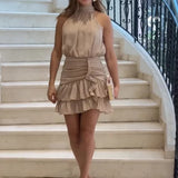 Kylethomasw Women Sexy O-neck Slim Draped Party Dress 2024 Spring Elegant High Waist Ruffle Mini Dress Summer Sleeveless Solid Bodycon Dress