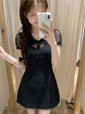 KYLETHOMASW  -  Summer French Elegant Lace Doll Collar Puff Sleeve Sheer Polka Dot Mesh Hollowout Slim Fit Two Piece Dress Women Daily Party