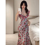 KYLETHOMASW  -  French V-neck Ruffle Floral Dress For Women 2024 Summer New Fashion Unique Evening Party Dresses Vacation Style Waist Long Dress