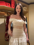 KYLETHOMASW  -  Women's White Off Shoulder Mini Dress Sweet Ruffle Tiered Crochet Waist Lace-up Gowns Summer Beach Dresses New Date Vestidos