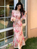 KYLETHOMASW  -  Women Vacation Clothes Sweet Floral Print 2 Piece Outfit Sexy Sling Slim Dress And Ruffled Tops Coat Set Suits Casual Autumn New
