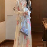KYLETHOMASW  -  Elegant Floral Print Skirt Set Spring Ruffle V-Neck Lace-up Blouse+A-Line Midi Skirt Women Casual Holiday Two Piece Outfit 273A