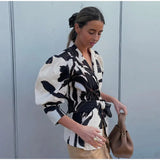 KYLETHOMASW  -  Elegant Flower Printed Women's Lace Up Shirt Chic Lapel V Neck Long Puff Sleeves Coat New Spring Lady Fashion Streetwear Shirts