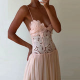 KYLETHOMASW  -  Elegant Pure Color Chiffon Dress Sexy Lace Spliced Mesh Pleated Evening Dress Fashion Hollow Out Sleeveless Halter Banquet Dress