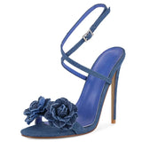 KYLETHOMASW  -  Denim Blue Flower Open Toe Stiletto Sandals Woman Summer Cross Ankle Strap Slingback High Heels Shoes for Party Wedding