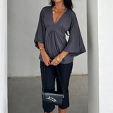 KYLETHOMASW  -  Women Casual Deep V Neck Blouse Loose Fit Long Sleeve Top Flowy Bell Sleeve Tunic Shirt Daily T-shirt Sexy Summer Outfit