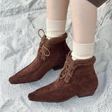 KYLETHOMASW  -  Autumn Winter Lace Up Short Fluffy Warm Women's Ankle Boots Comfort Square Toe Chunky Suede Short Boots Low Heels Party Shoes