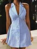 KYLETHOMASW  -  Elegant Striped A Line Dress Summer Women Sexy Button Strap Halter Backless Bow Mini Dress Slim Vintage V-Neck Vestidos