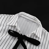 KYLETHOMASW  -  Niche Design Lace-up Printed Striped Shirt for Women Autumn New Lapel Long-sleeved Cardigan Versatile Top